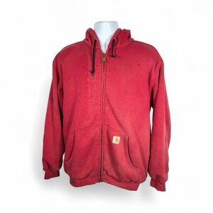 Carhartt Men's Full Zip Sweatshirt Heavy Duty 2XL Red Hood Distressed - 874